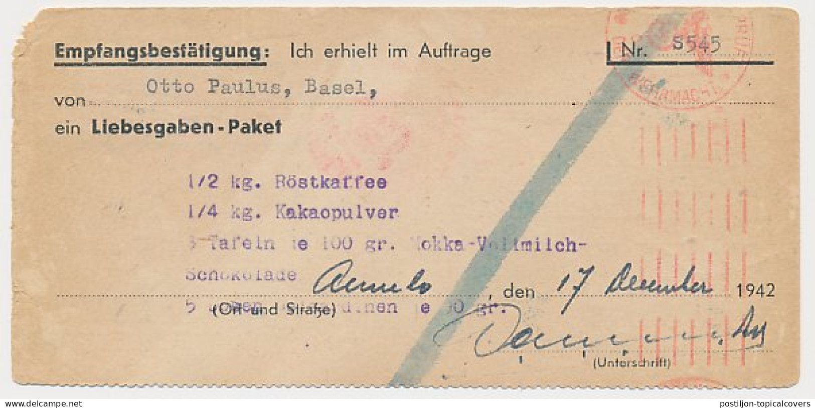 Almelo - Hamburg Duitsland 1942 - Liebesgabenpaket - Unclassified