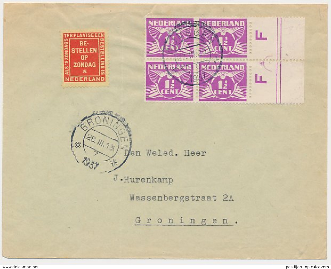 Bestellen Op Zondag - Nijmegen - Groningen 1937 - Storia Postale