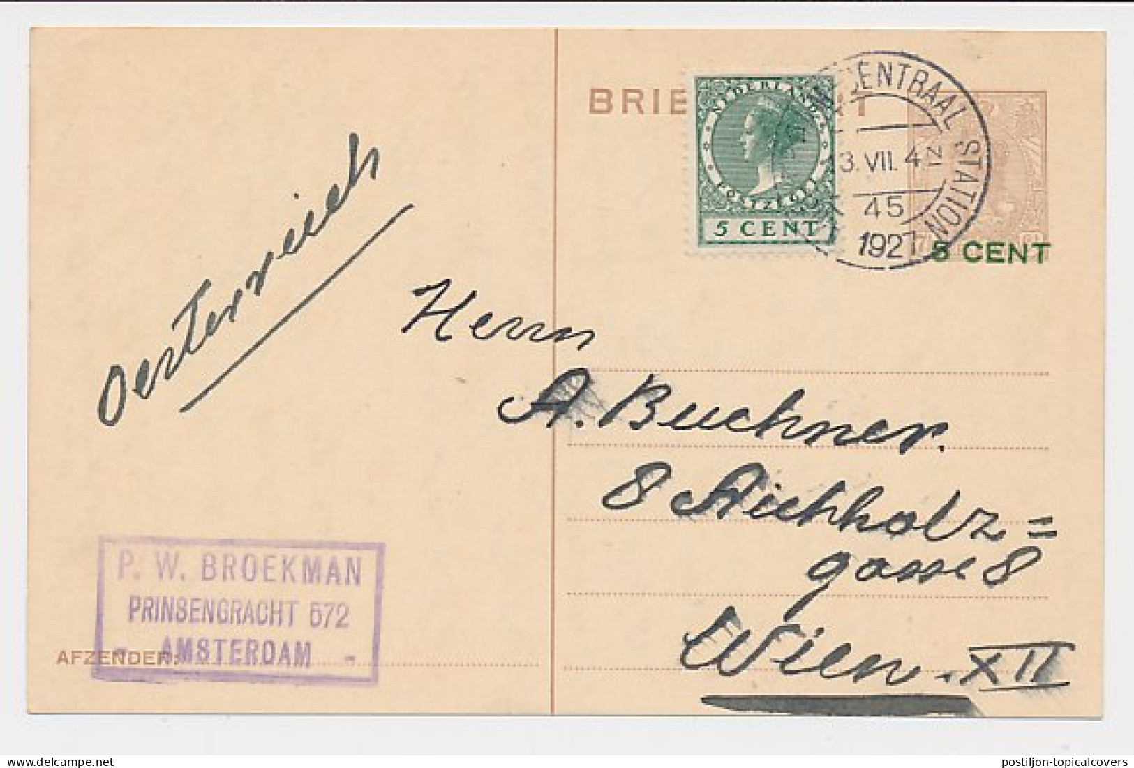 Briefkaart G. 218 / Bijfrankering Amsterdam - Oostenrijk 1927 - Interi Postali