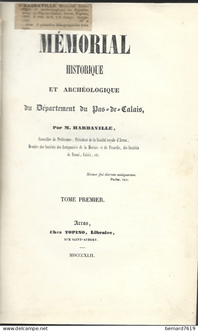 Livre - 62- Memorial Et Archeologique  Du Departement Du Pas De Calais  Par Harbaville - Picardie - Nord-Pas-de-Calais