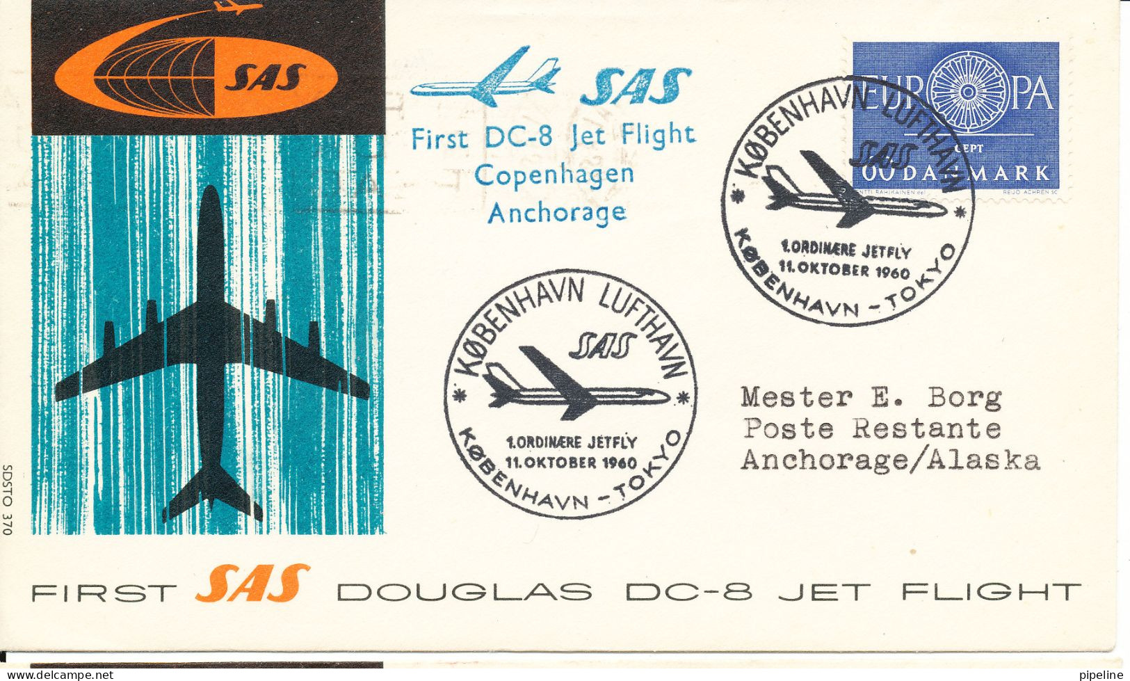 Denmark First SAS Douglas DC-8 Jet Flight Copenhagen - Anchorage - Tokyo 11-10-1960 - Covers & Documents