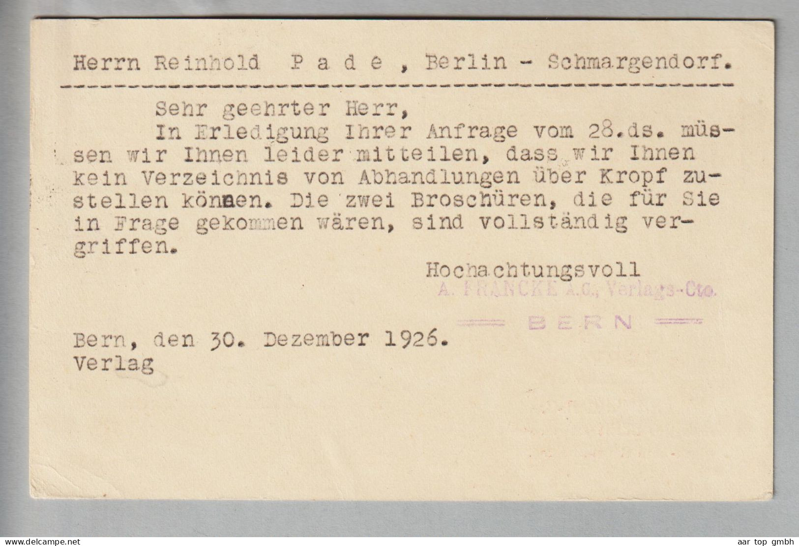 CH Ganzsache Bildpostkarte 20Rp. 1926-12-30 Bern1 Mit Privatzudruck A.Francke AG - Interi Postali