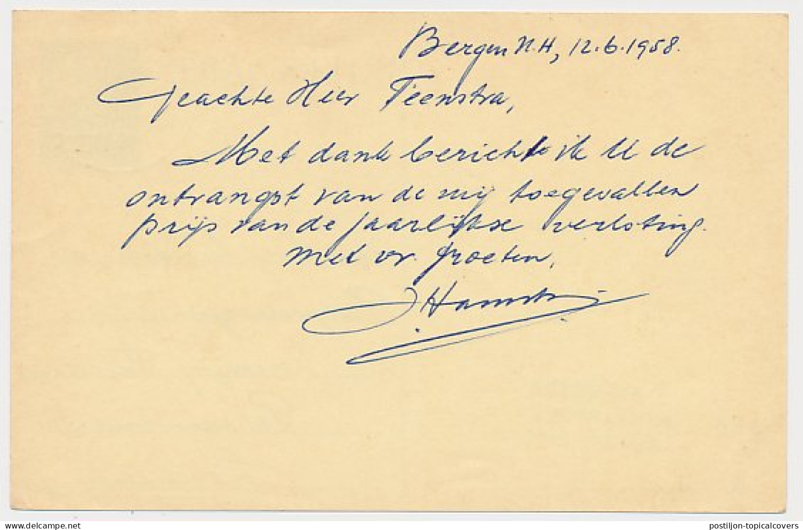 Briefkaart G. 323 Bergen - Leeuwarden 1958 - Postal Stationery