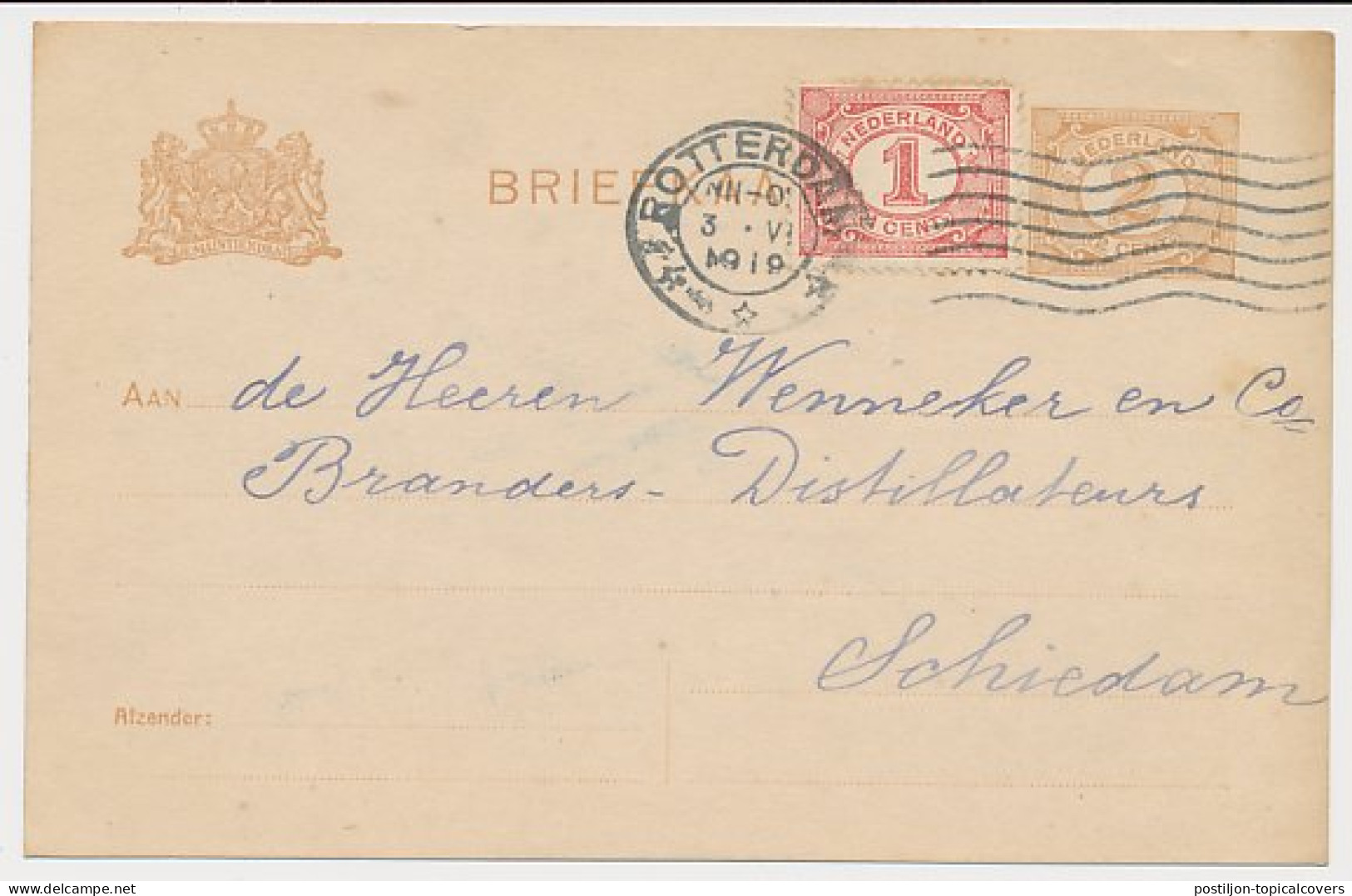 Briefkaart G. 88 A II / Bijfrankering Rotterdam - Schiedam 1919 - Interi Postali
