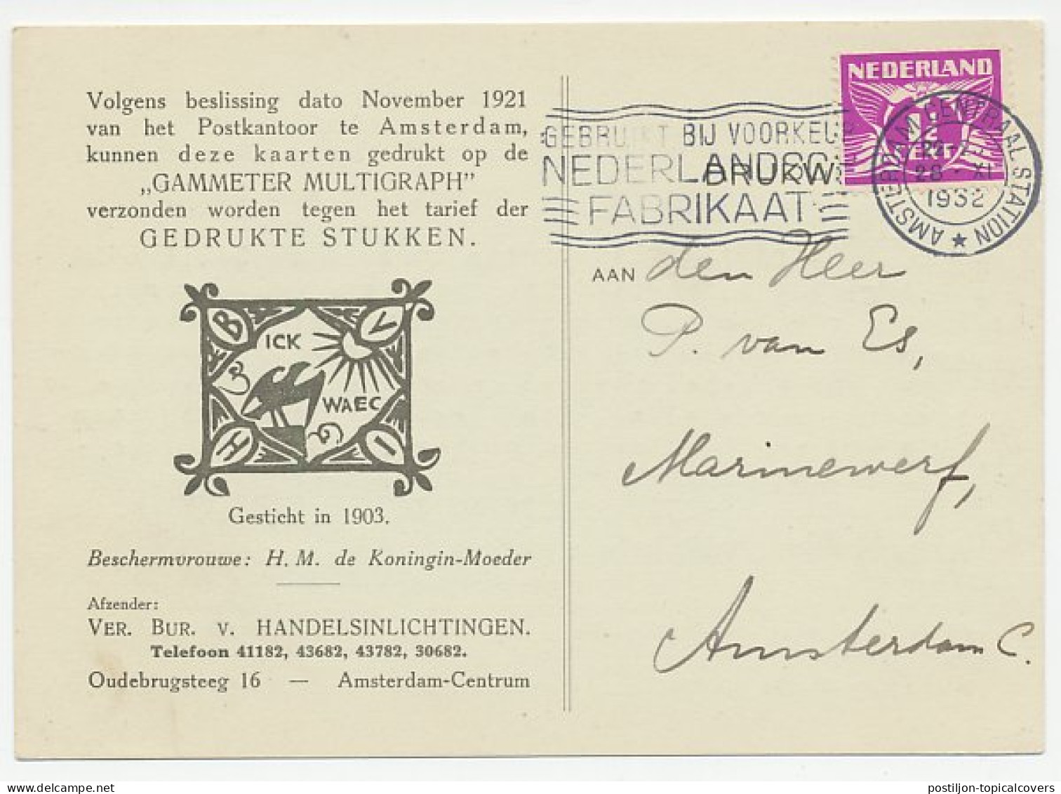 Briefkaart Amsterdam 1932 - Bureau Handelsinlichtingen - Unclassified