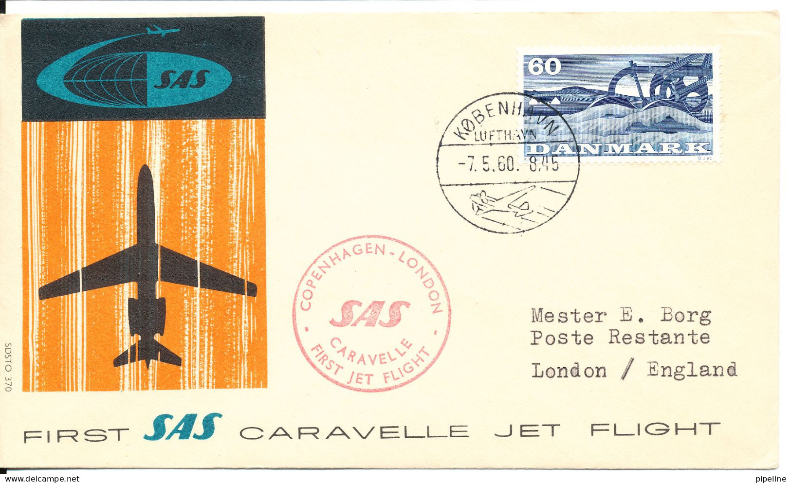 Denmark First SAS Caravelle Jet Flight Copenhagen - London 7-5-1960 - Storia Postale