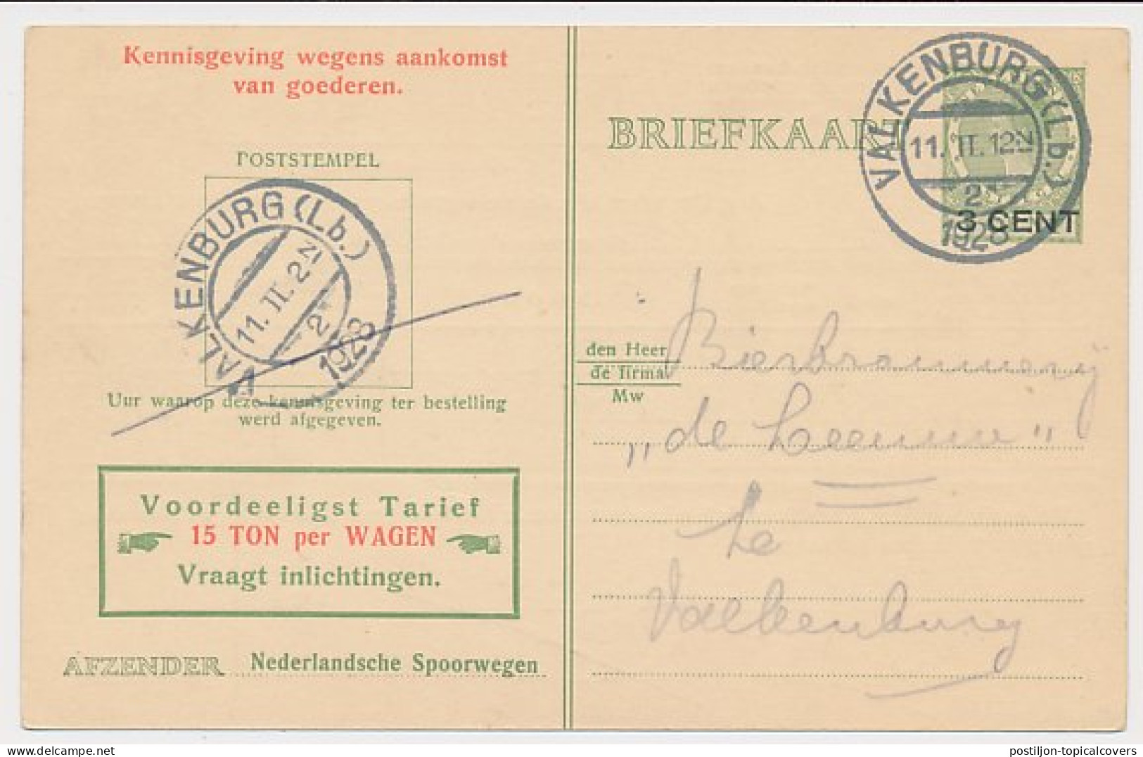 Spoorwegbriefkaart G. PNS216 C - Locaal Te Valkenburg 1928 - Entiers Postaux