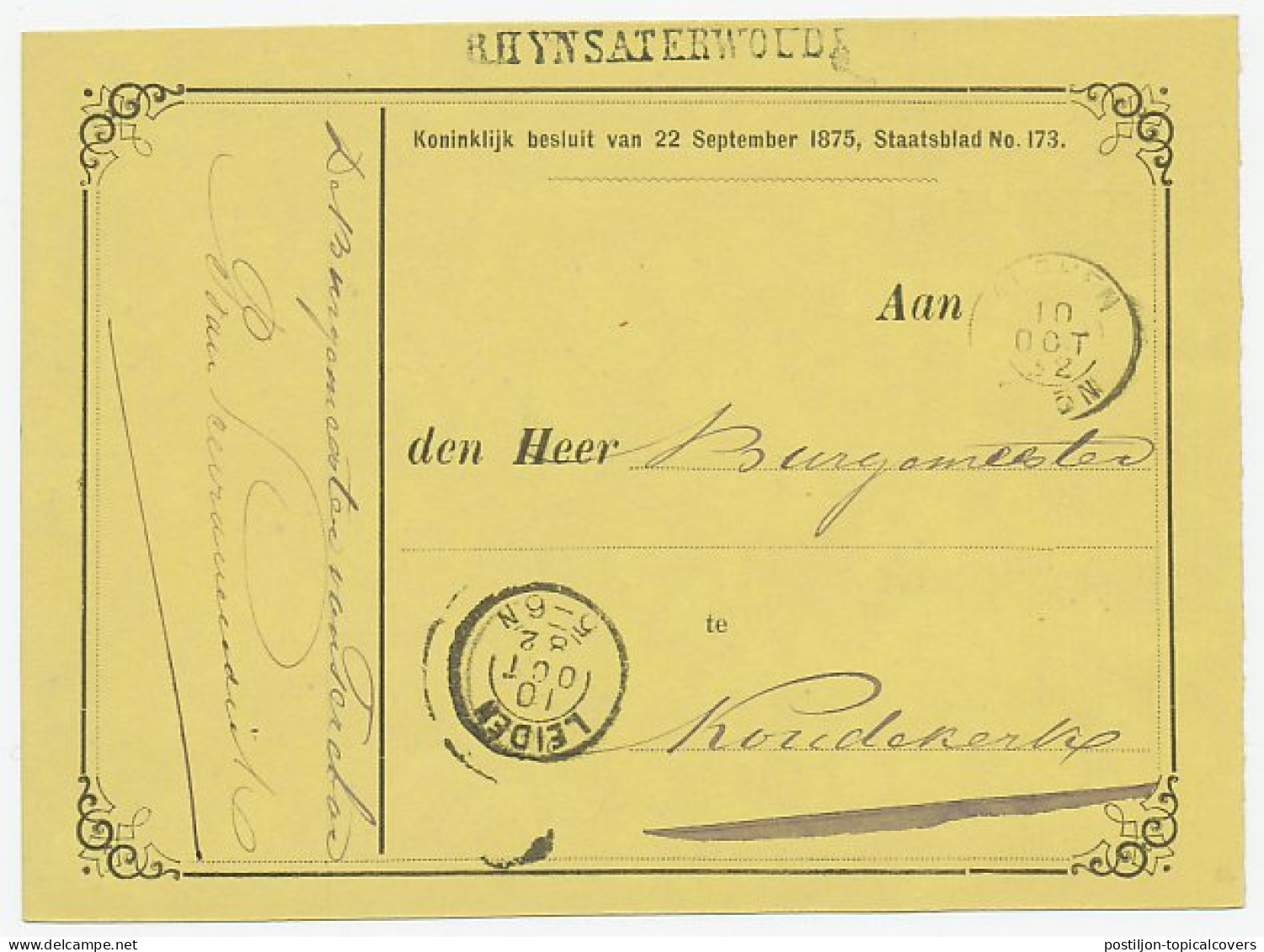 Naamstempel Rhynsaterwoude 1882 - Brieven En Documenten