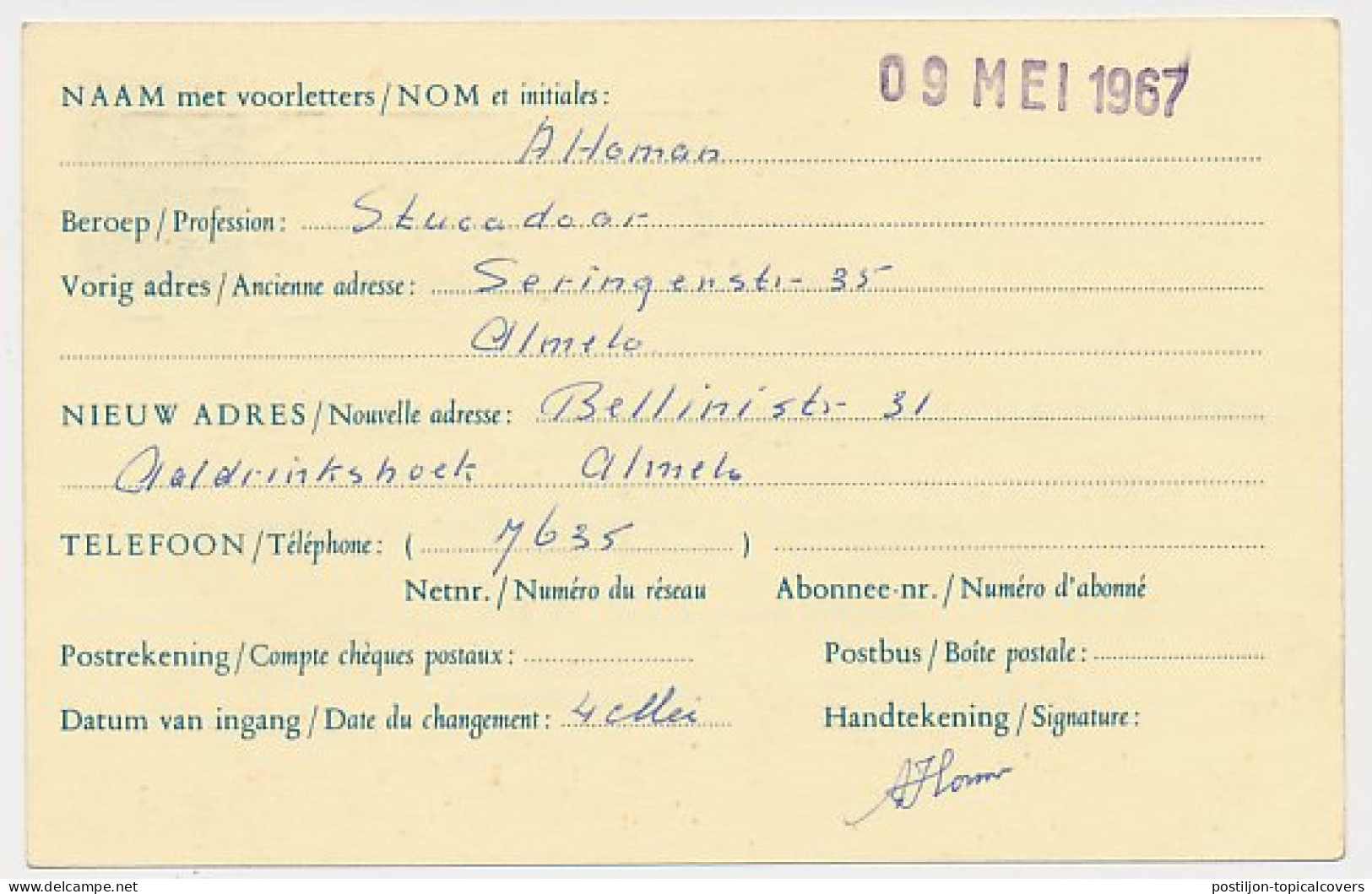 Verhuiskaart G. 35 Almelo - Den Haag 1967 - Entiers Postaux