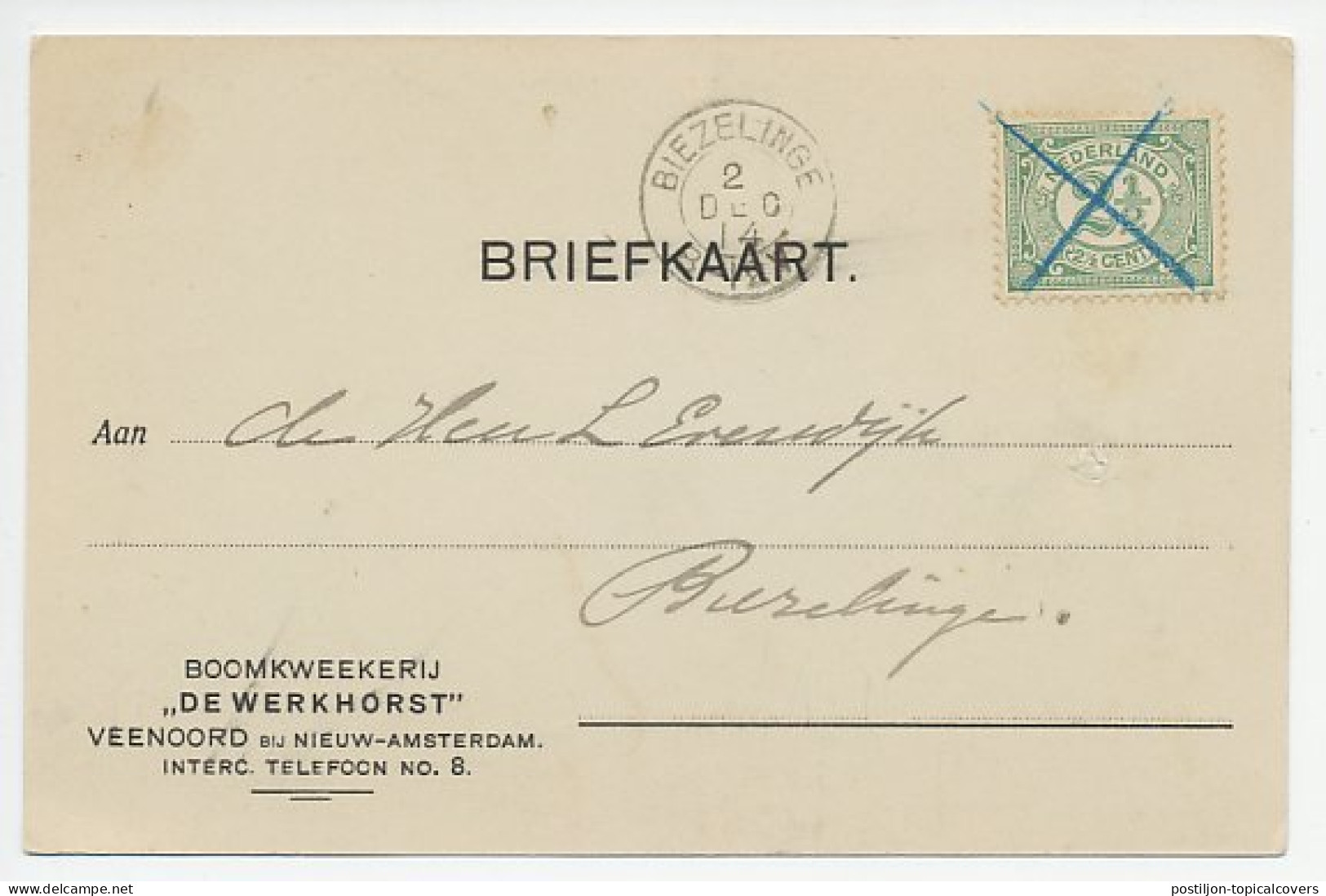 Em. Vurtheim Nieuw Amsterdam - Biezelinge 1914 - Pen Ontwaarding - Non Classés