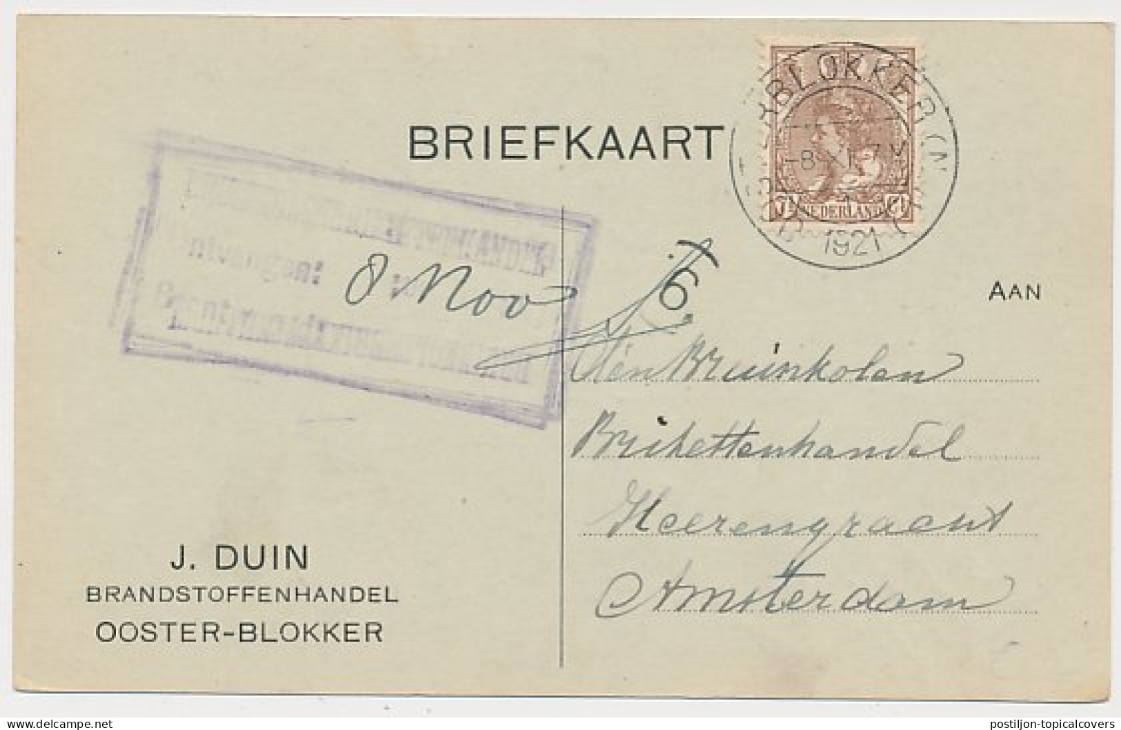 Firma Briefkaart Oosterblokker 1921 - Brandstoffenhandel - Non Classificati