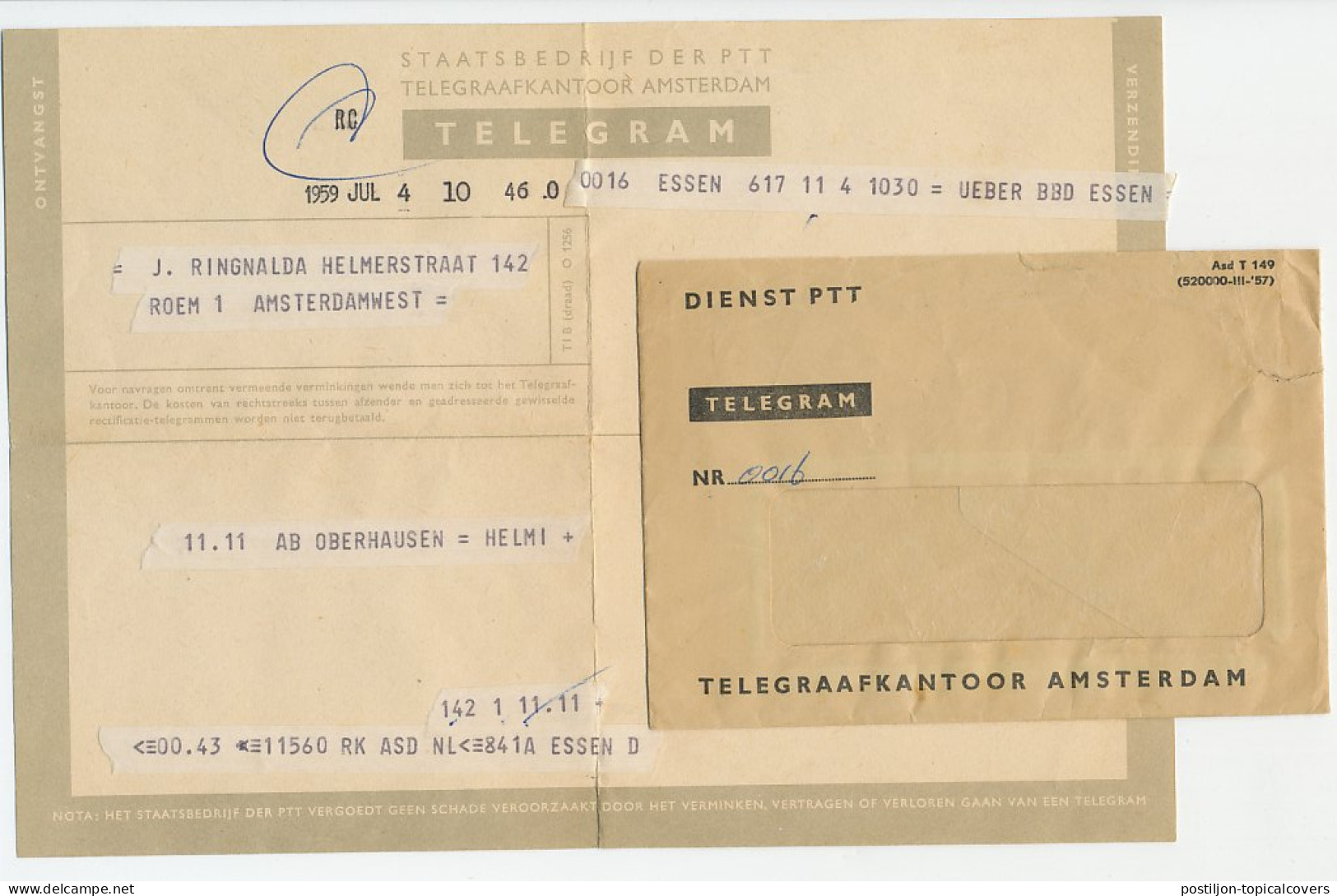Telegram Essen - Amsterdam 1959 - Unclassified
