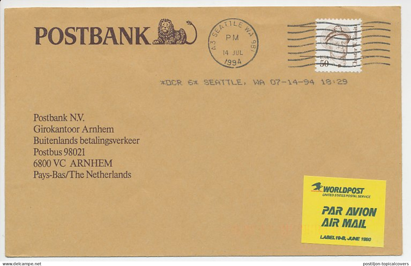 Postbank Antwoordenvelop USA - Arnhem 1994 - Non Classés