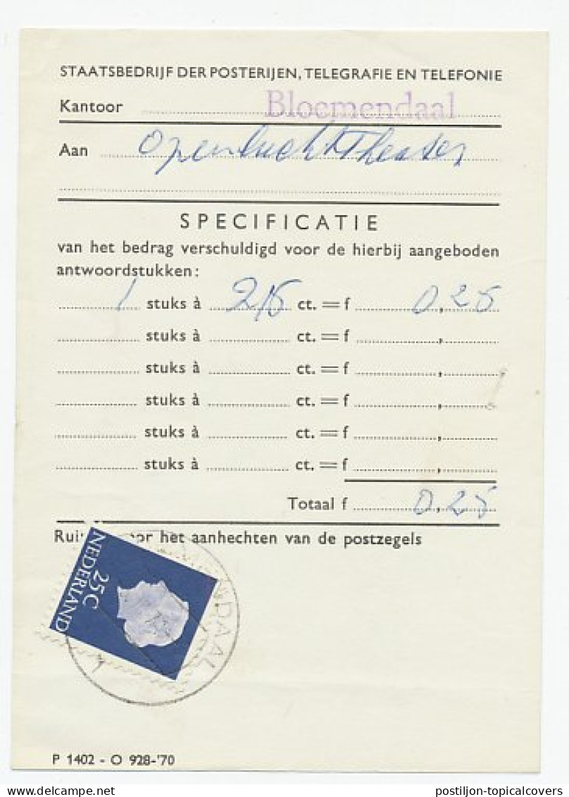 Em. Juliana 1958 Port Specificatie Formulier Bloemendaal  - Unclassified