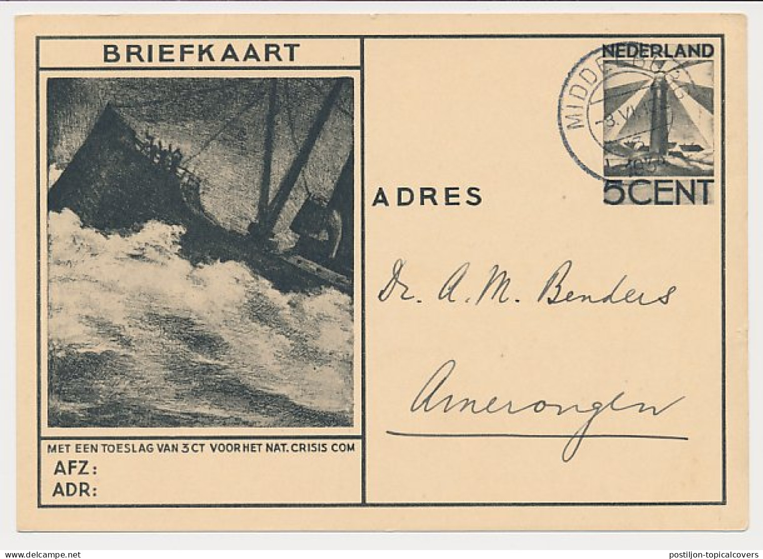 Briefkaart G. 234 Middelburg - Amerongen 1934 - Entiers Postaux