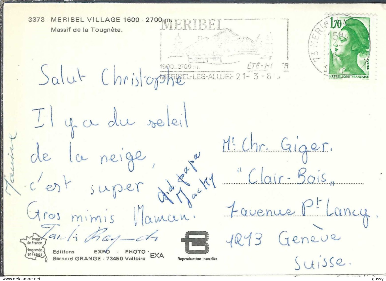 FRANCE Ca.1985: CP Ill. De Méribel (Savoie) à Petit-Lancy (Suisse) - Covers & Documents