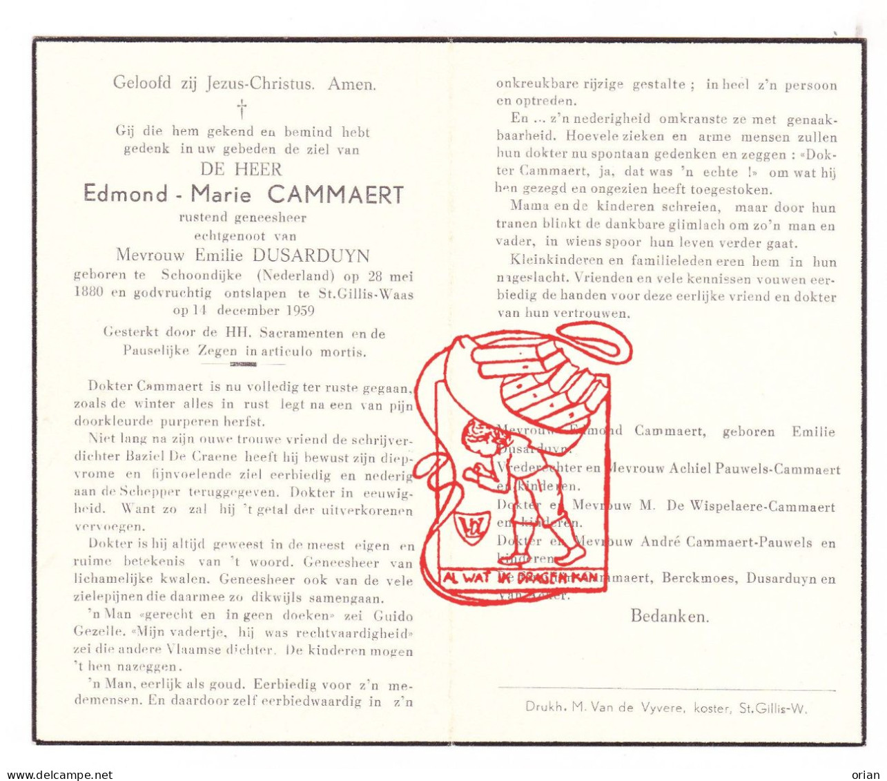 DP Dokter - Edmond Cammaert ° Schoondijke Sluis 1880 † Sint-Gillis-Waas 1959 Dusarduyn Pauwels De Wispelaere Berckmoes - Devotion Images