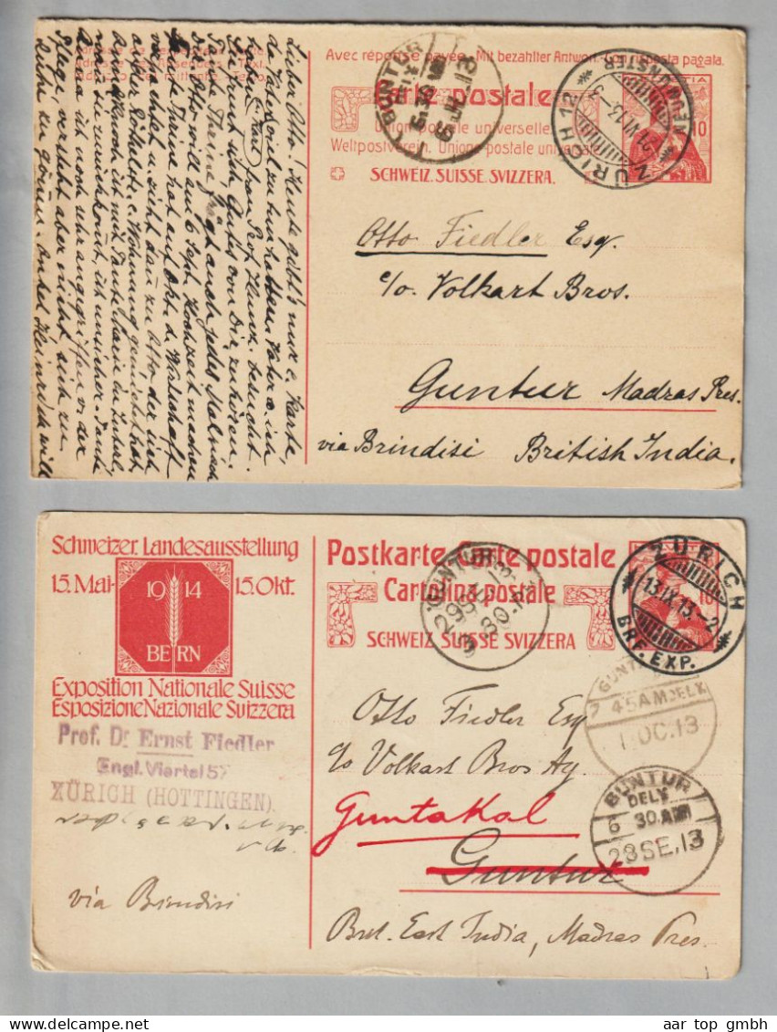 CH 1913-06-21/1913-09-13 Zürich 2x10Rp.GS Nach Guntur C/o Volkart Bros. Otto Fiedler Weitergel.>Guntakal - Brieven En Documenten