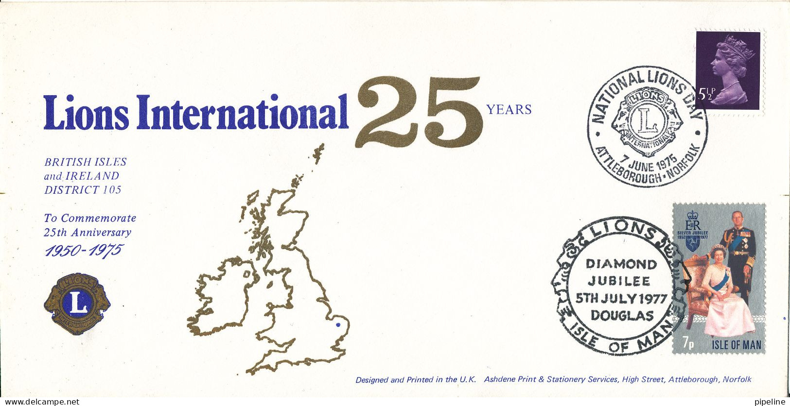 Great Britain Cover Lions International 25th Anniversary 7-6-1975 And Isle Of Man Diamond Jubilee 5-7-1977 With Cachet - Rotary Club