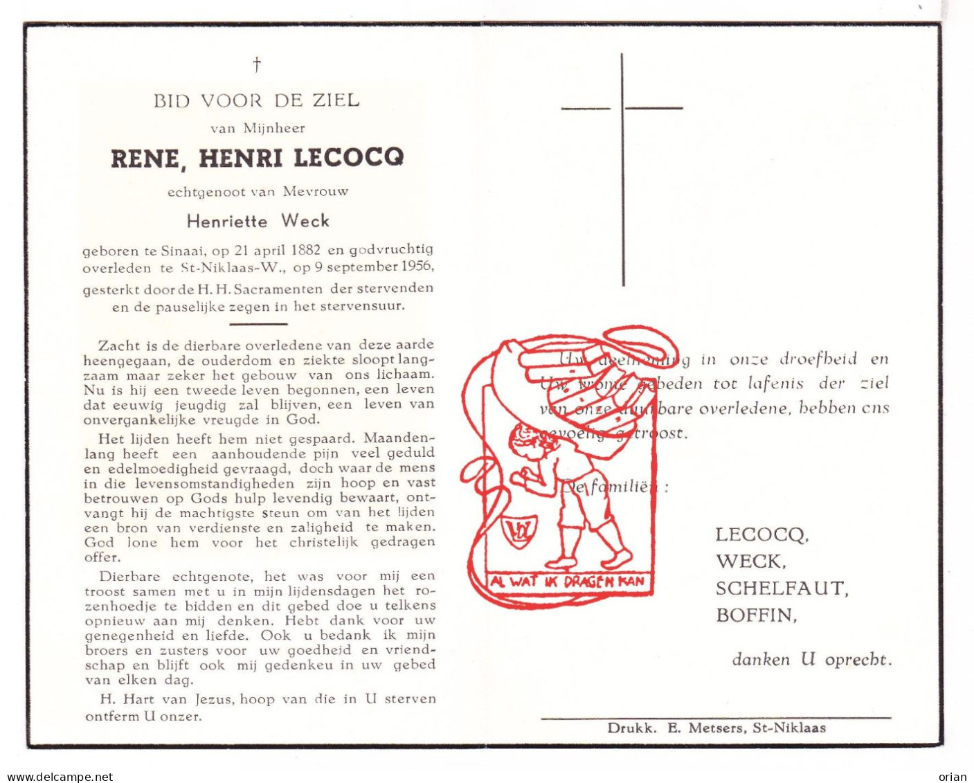 DP Rene Henri Lecocq ° Sinaai 1882 † Sint-Niklaas 1956 X Henriette Weck // Schelfaut Boffin - Devotion Images