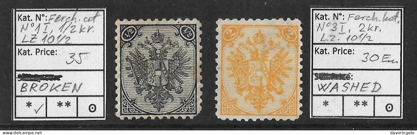 Bosnia-Herzegovina/Austria-Hungary, Coat Of Arms (2 STAMPS), Both I Plate, Both Perf. 10 1/2, Not Good Condition. - Bosnië En Herzegovina