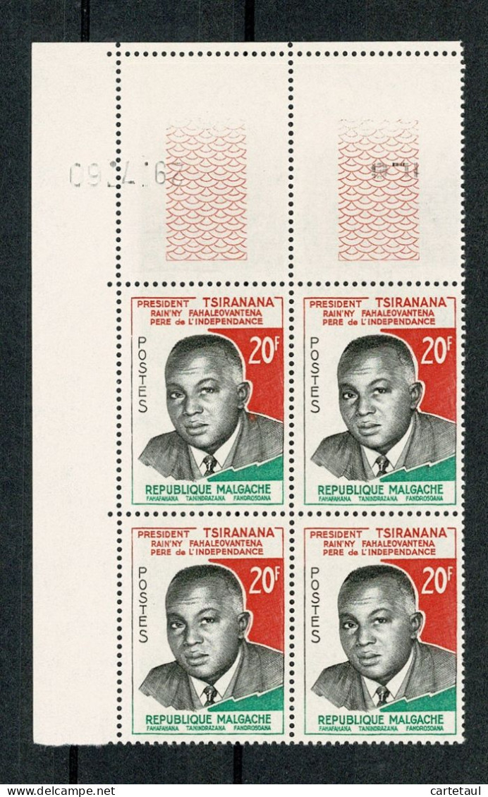 MADAGASCAR   Président (cylindre Monté à L'envers)  Bloc De 4 Coin Daté  29.7.60 ** Gomme Intacte - Madagaskar (1960-...)