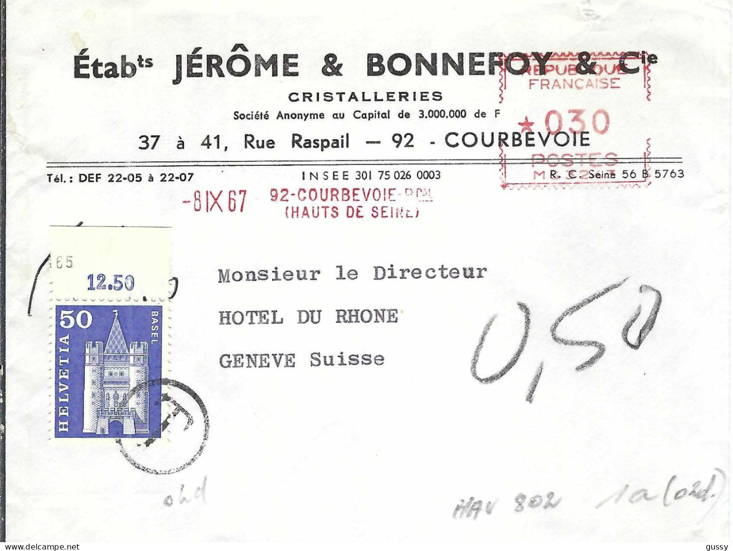 FRANCE Ca.1967: LSC Ill. De Courbevoie (Seine) à Genève (Suisse) Taxée 50c - Covers & Documents