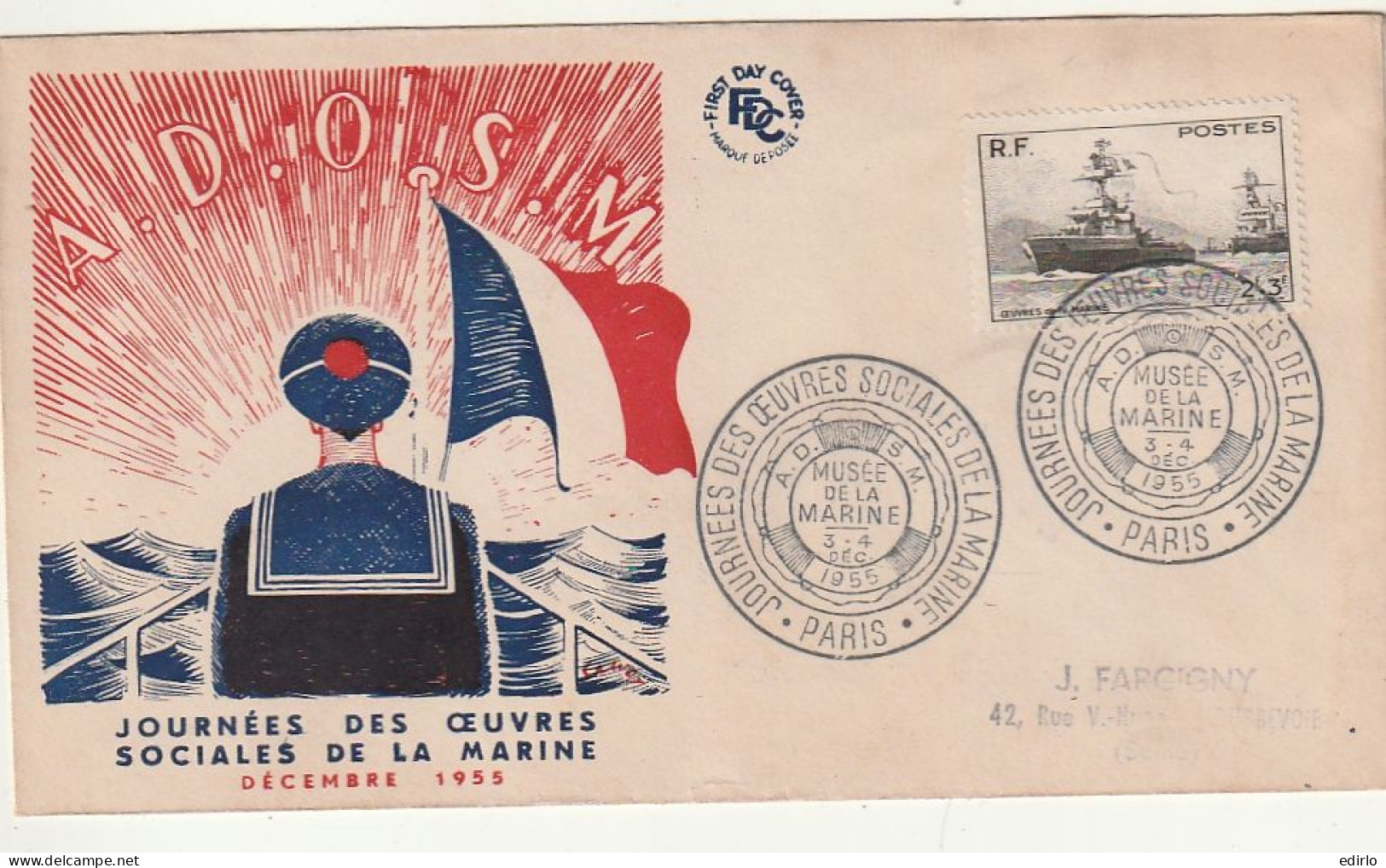 ///   FRANCE ///    PREMIER JOUR ---  FDC  ---   Journée Des Oeuvres Sociales De La Marine 1955 - 1950-1959
