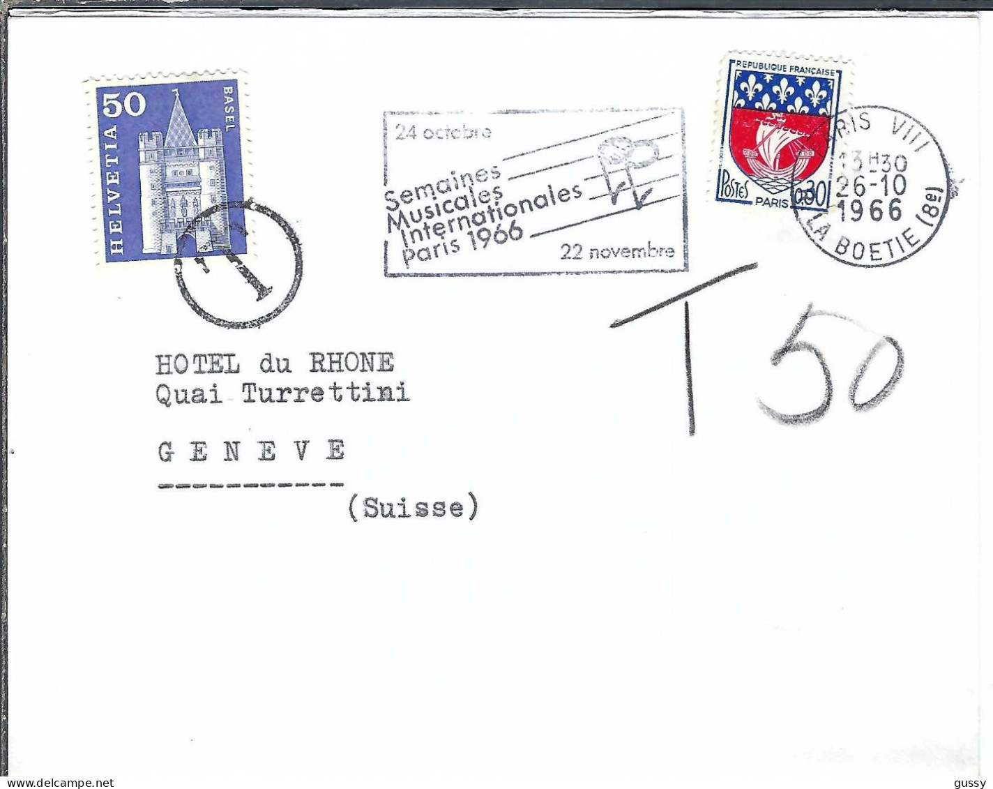FRANCE Ca.1966: LSC De Paris à Genève (Suisse) Taxée 50c - Briefe U. Dokumente