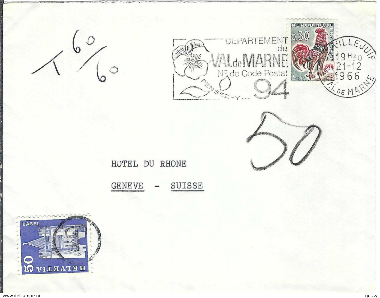 FRANCE Ca.1966: LSC De Villejuif (Seine) à Genève (Suisse) Taxée 50c - Covers & Documents