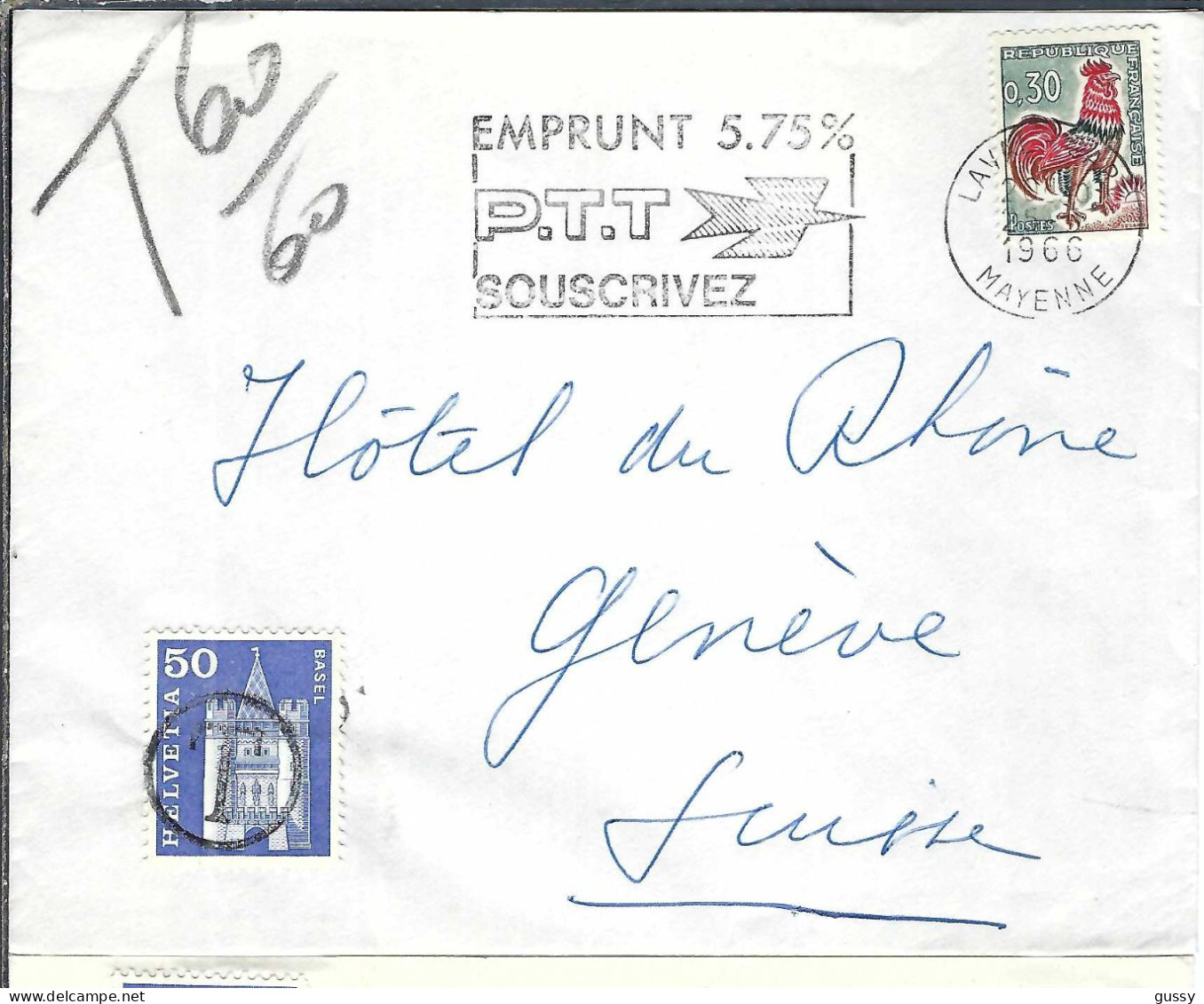 FRANCE Ca.1966: LSC De Laval (Mayenne) à Genève (Suisse) Taxée 50c - Briefe U. Dokumente