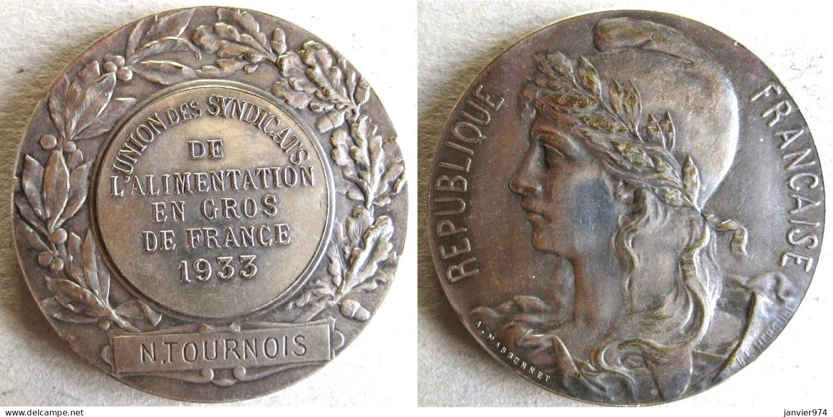 Médaille En Bronze Syndicats De L’Alimentation En Gros De France 1933 à N. Tournois Par B.L. HERCULE - Otros & Sin Clasificación