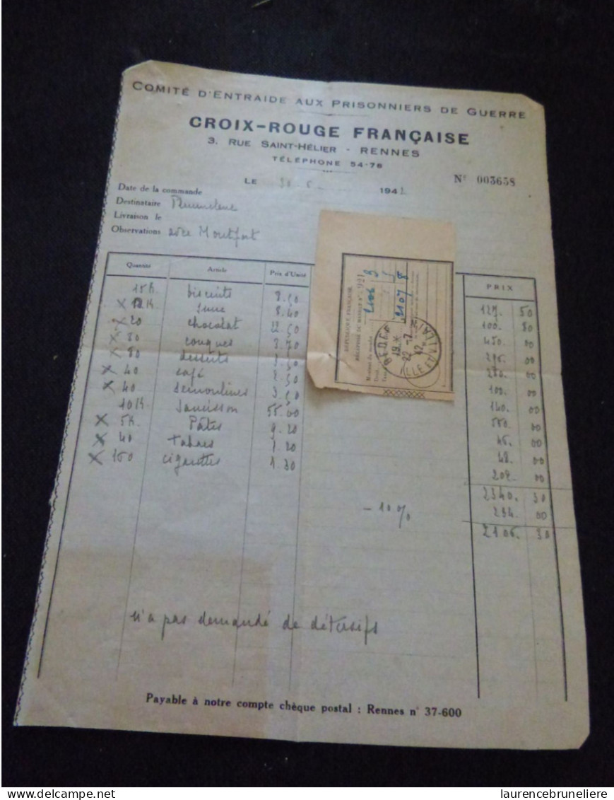 DOCUMENT DU COMITE D'ENTRAIDE AUX PRISONNIERS DE GUERRE - CROIX-ROUGE FRANCAISE  - RENNES 1942 - Documents Historiques