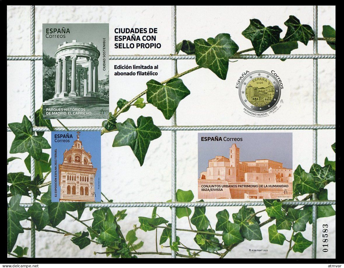 ESPAÑA (2023) Ciudades Con Sello Propio, Capricho, Patrimonio Ibiza, Cáceres EXFILNA Teruel, Grabado, Engraving, Gravure - Otros & Sin Clasificación