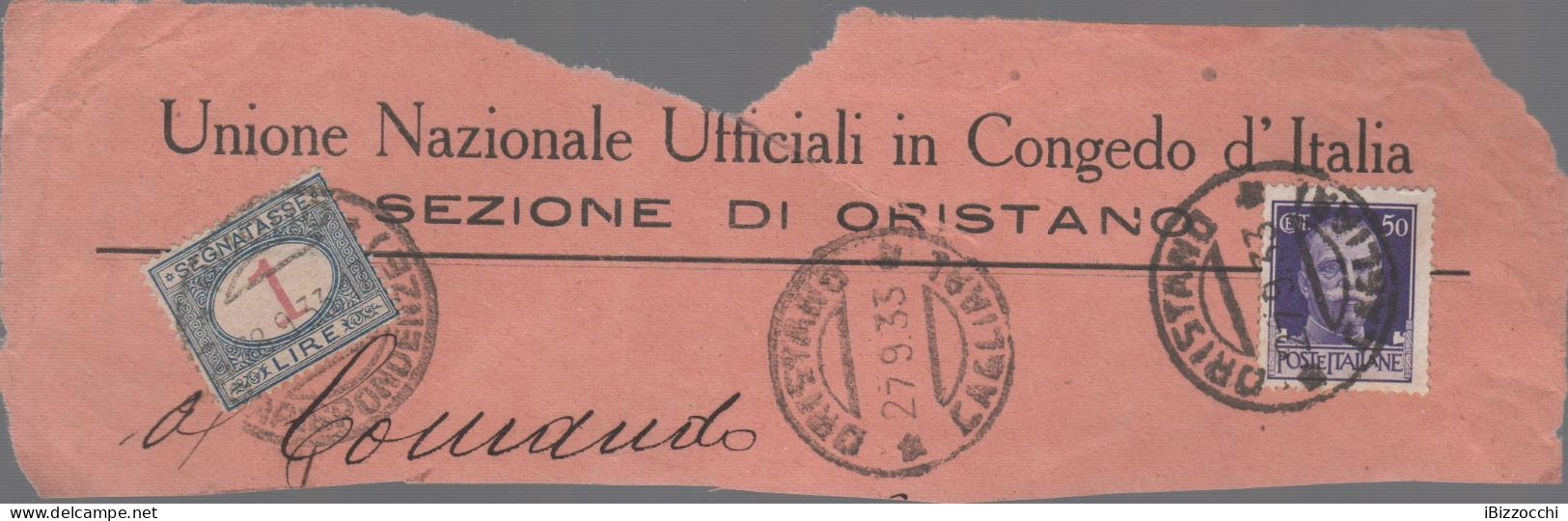 ITALIA - Storia Postale Regno - 1933 - 50c Imperiale + 1 Lira Segnatasse - Grande Frammento - Viaggiata Da Oristano Per - Marcophilie