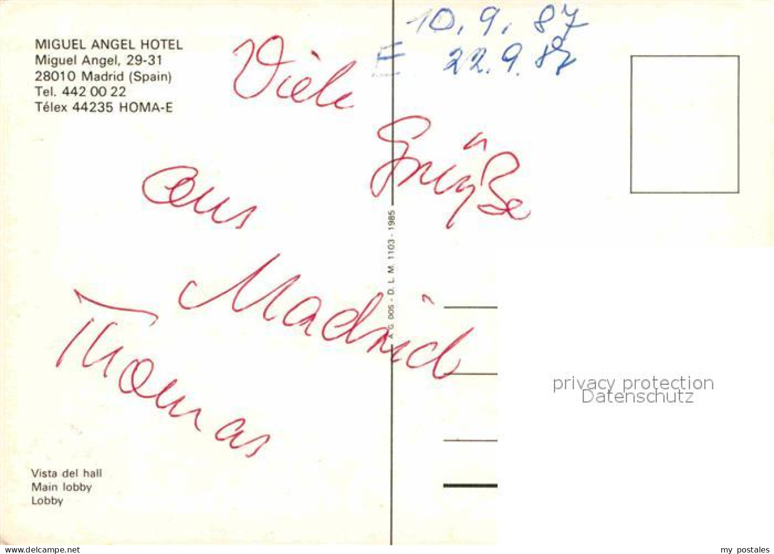 72893859 Madrid Spain Migel Angel Hotel  - Autres & Non Classés