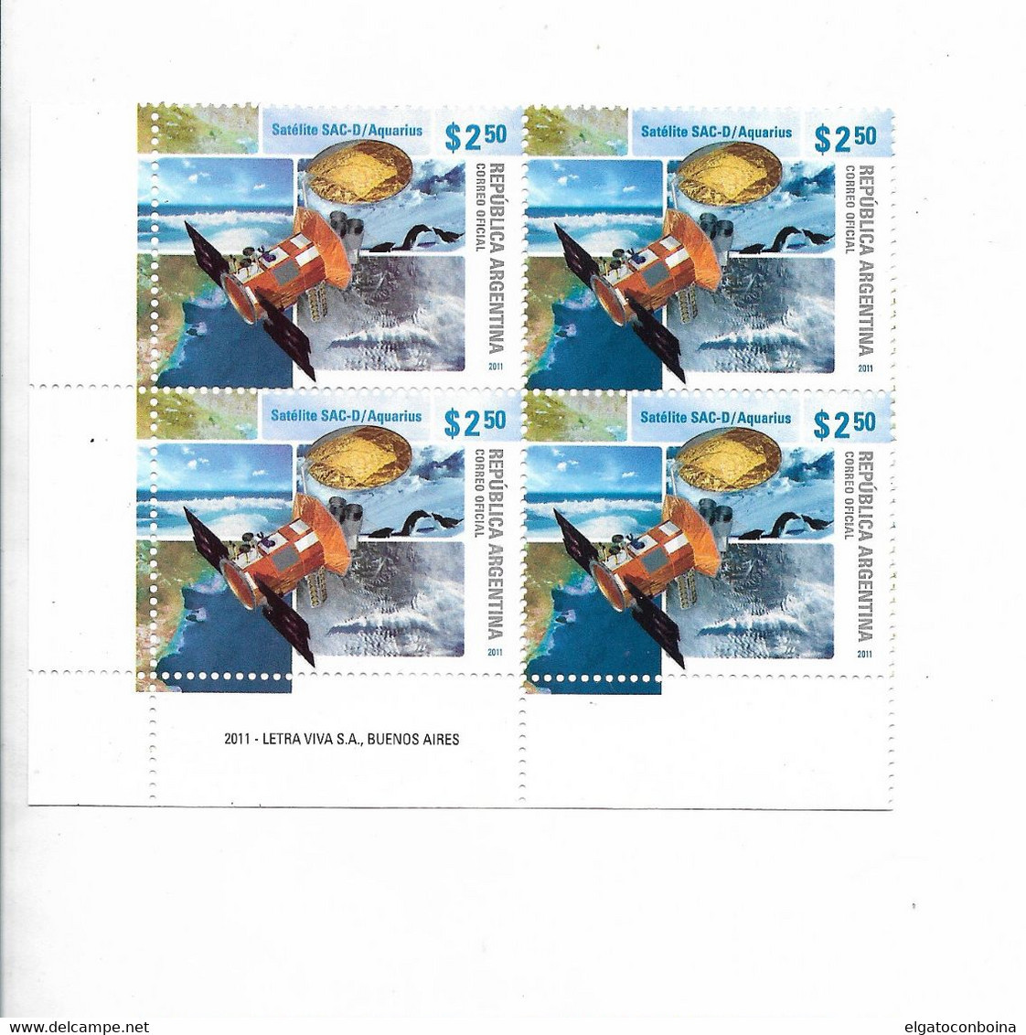 ARGENTINA 2011 SATELLITE AQUARIUS SPACE 1 VALUE IN BLOCK OF 4 MINT NH - Unused Stamps