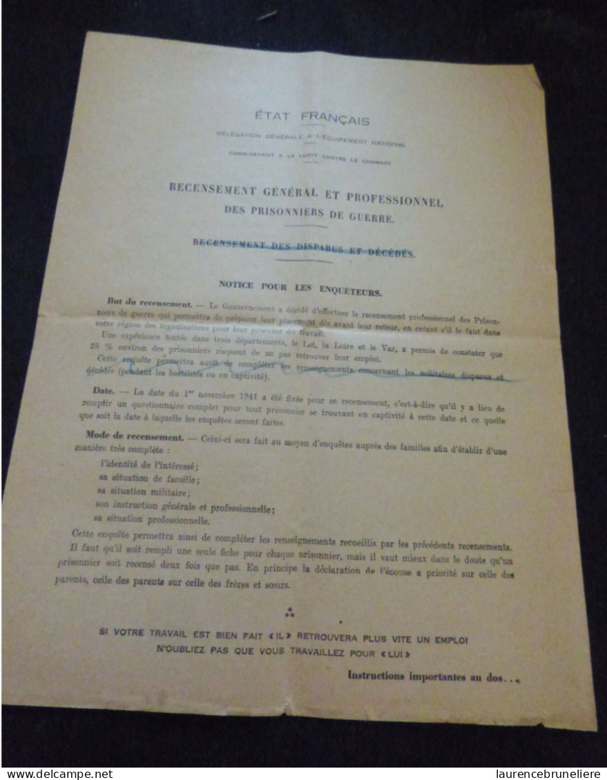 DOCUMENT ILE-ET-VILAINE 1941 - ETAT FRANCAIS - RECENSEMENT GENERAL PROFESSIONNEL DES PRISONNIERS DE GUERRE - Documents Historiques
