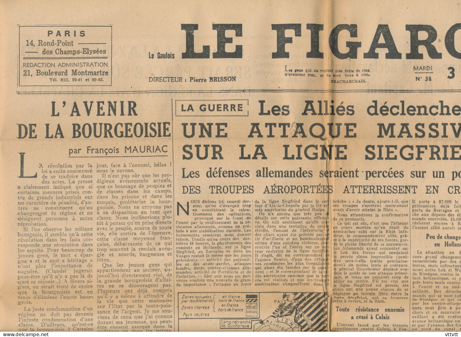 LE FIGARO, Mardi 3 Octobre 1944, N° 38, Guerre, Ligne Siegfried, De Gaulle Dans Le Nord, Lille, Les Allemands à Belfort - Algemene Informatie