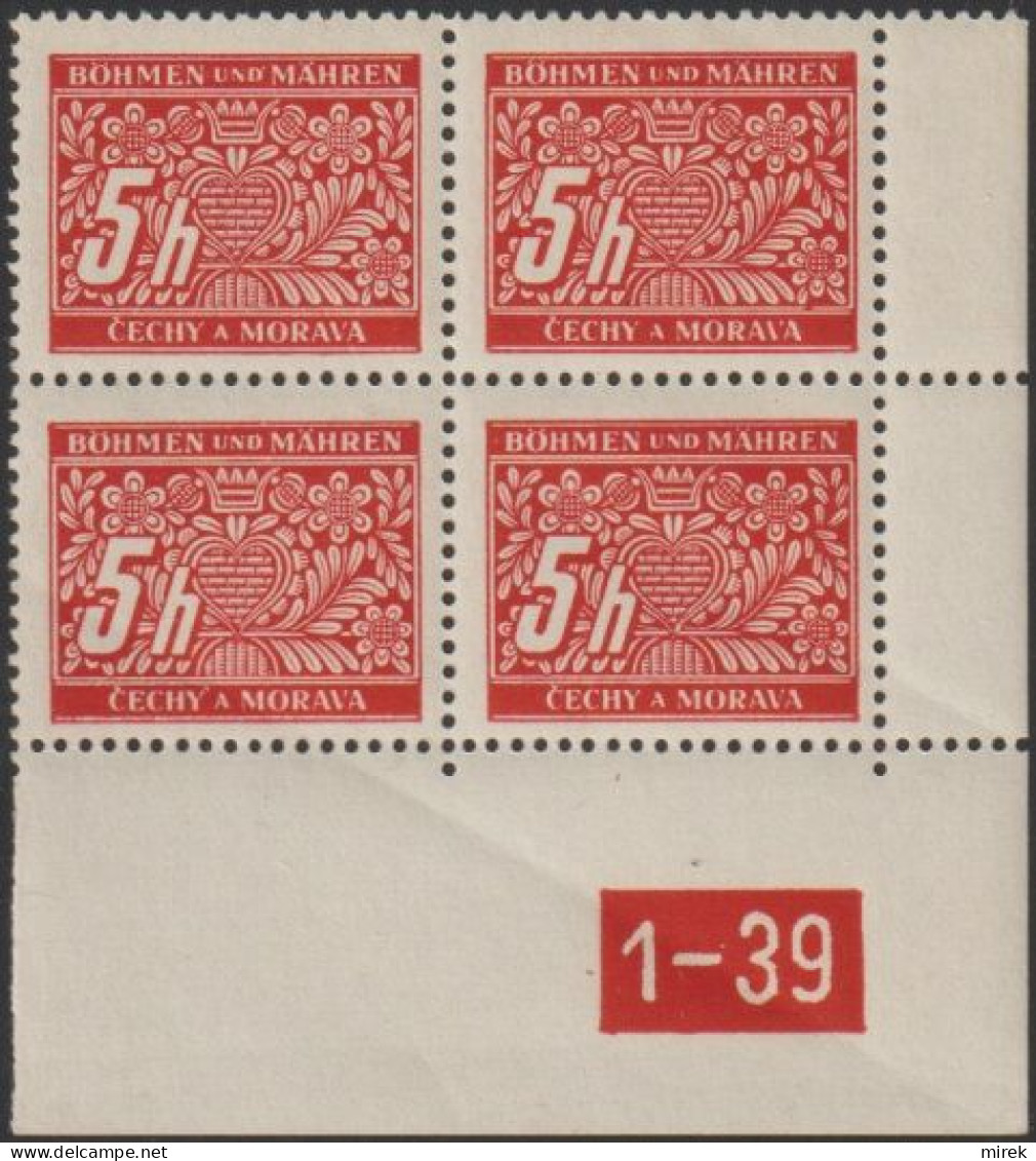 072/ Pof. DL 1, Corner 4-block, Perforated Border, Plate Number 1-39 - Unused Stamps