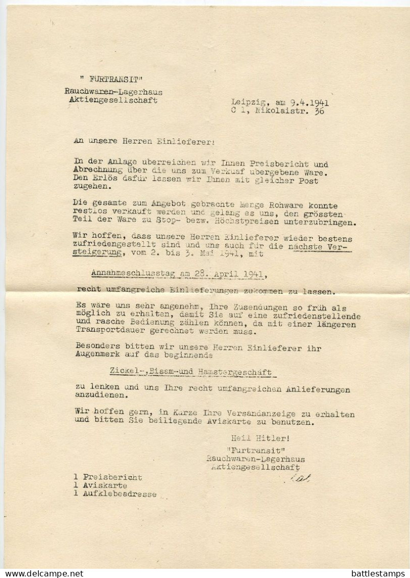 Germany 1941 Cover W/ Letter, Etc.; Leipzig - FUR-TRANSIT, Rauchwaren-Lagerhaus-Aktiengesellschaft; 8pf. Hindenburg - Covers & Documents