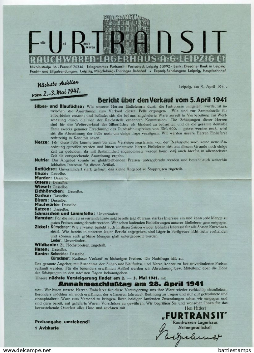 Germany 1941 Cover W/ Letter, Etc.; Leipzig - FUR-TRANSIT, Rauchwaren-Lagerhaus-Aktiengesellschaft; 8pf. Hindenburg - Covers & Documents