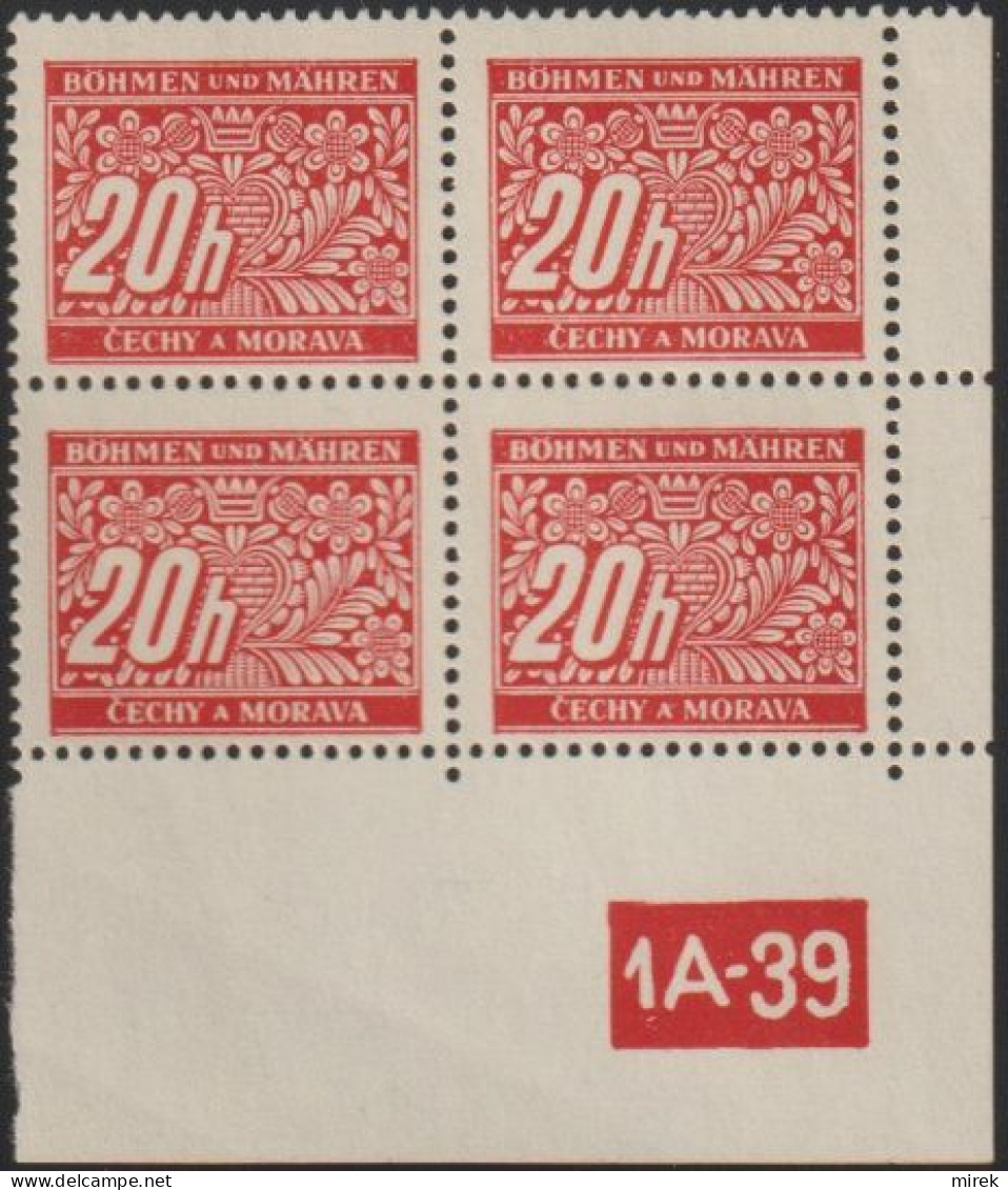 074/ Pof. DL 3, Corner 4-block, Perforated Border, Plate Number 1A-39 - Unused Stamps