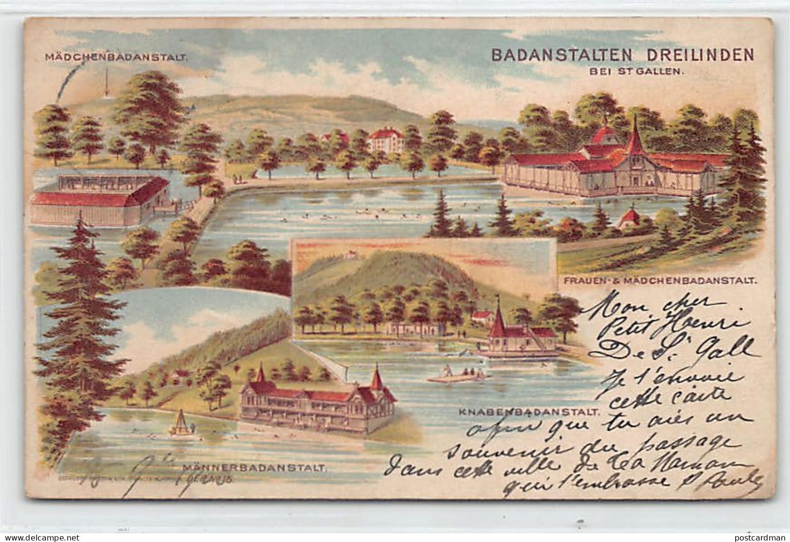 Schweiz - St-Gallen - Badanstalten Dreilinden - Litho - Mehrfachansicht - Mädchenbadanstalt - Frauenbadanstalt - Knabenb - St. Gallen