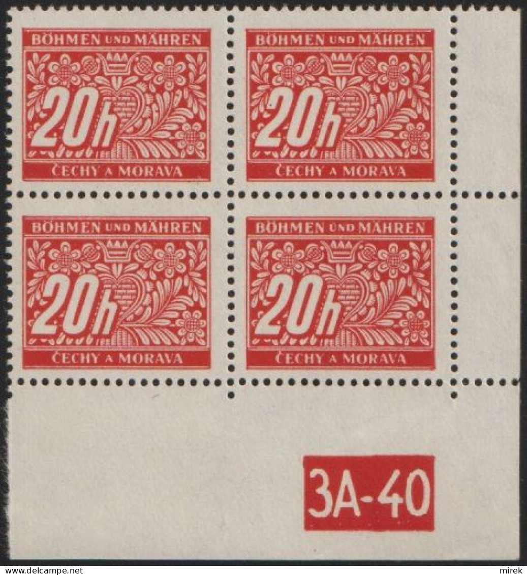 076/ Pof. DL 3, Corner 4-block, Perforated Border, Plate Number 3A-40 - Unused Stamps