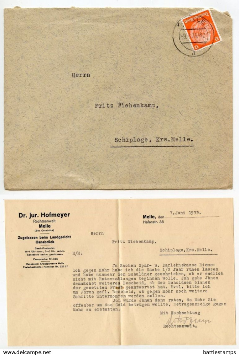 Germany 1933 Cover & Letter; Melle - Dr. Jur. Hofmeyer, Rechtsanwalt (Lawyer) To Schiplage; 12pf. Hindenburg - Covers & Documents