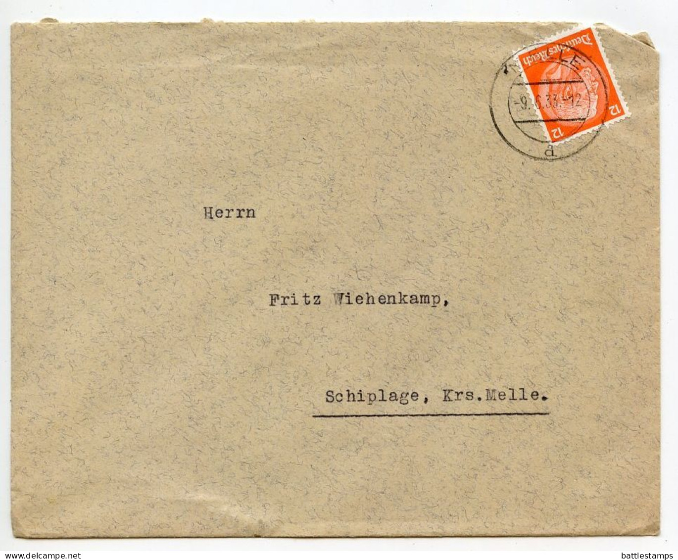 Germany 1933 Cover & Letter; Melle - Dr. Jur. Hofmeyer, Rechtsanwalt (Lawyer) To Schiplage; 12pf. Hindenburg - Covers & Documents