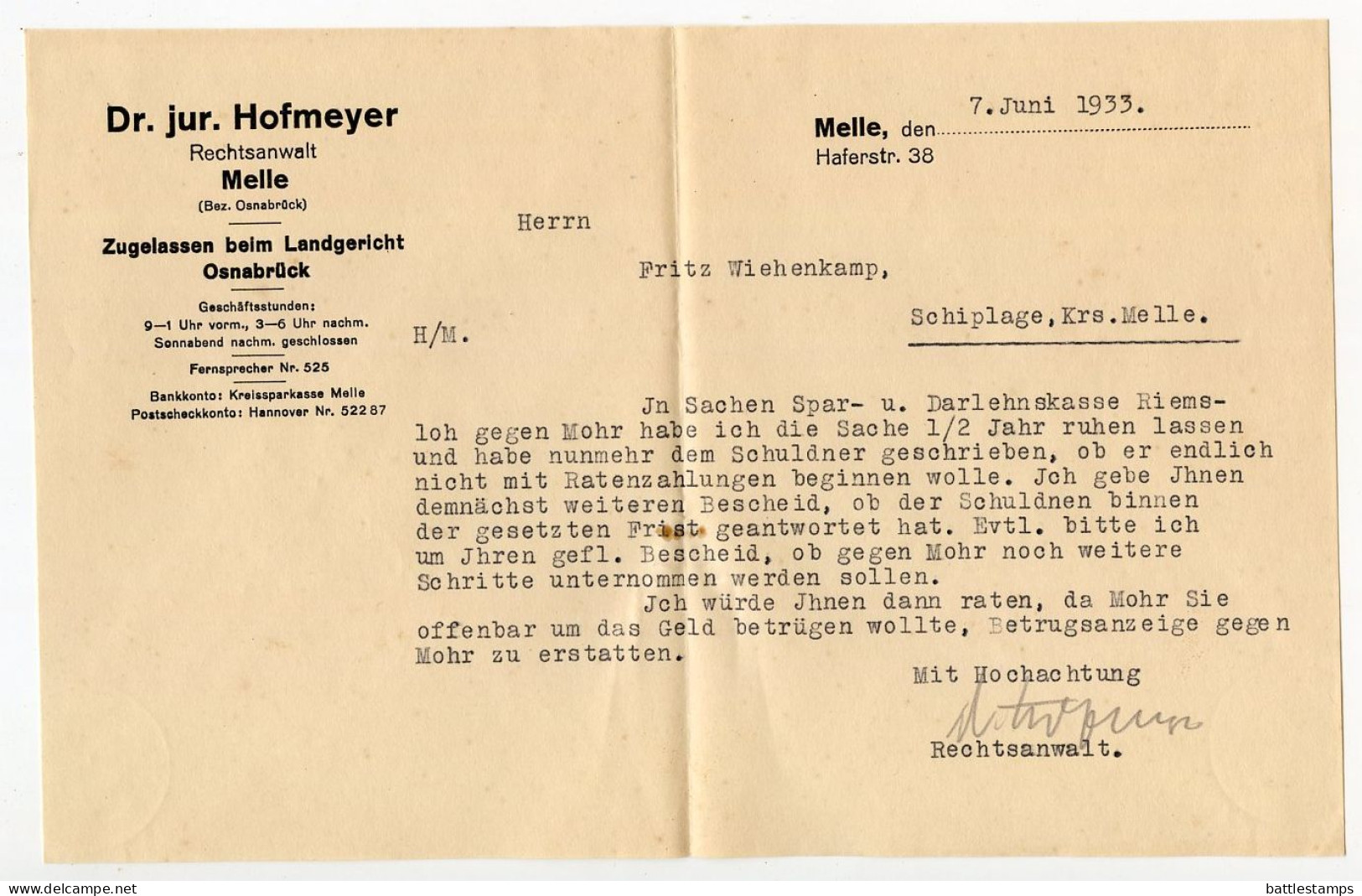 Germany 1933 Cover & Letter; Melle - Dr. Jur. Hofmeyer, Rechtsanwalt (Lawyer) To Schiplage; 12pf. Hindenburg - Storia Postale