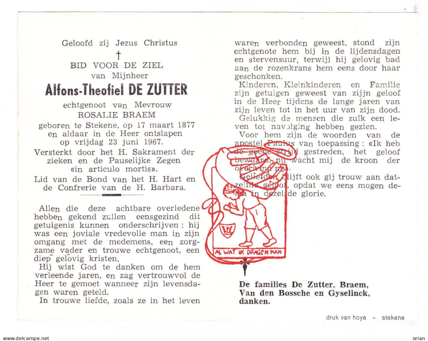 DP Alfons Theofiel De Zutter ° Stekene 1877 † 1967 X Rosalie Braem // Van Den Bossche Gyselinck - Devotion Images