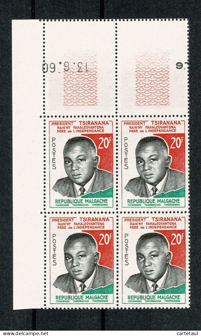 MADAGASCAR   Président (cylindre Monté à L'envers)  Bloc De 4 Coin Daté  13.6.60 ** Gomme Intacte - Madagaskar (1960-...)